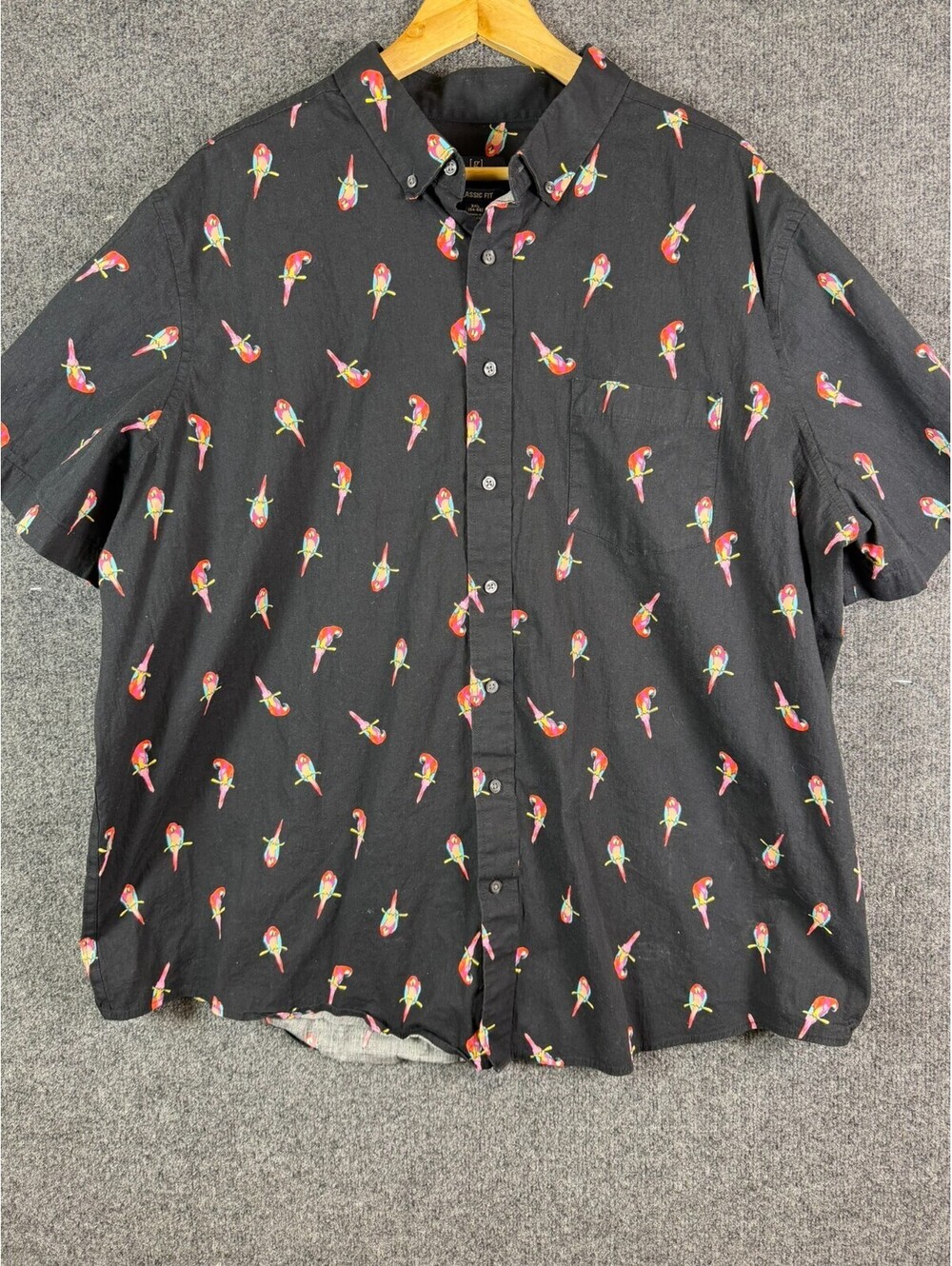 Men's 3XL Short Sleeve Button Down Shirt Parrot Macaw Tropical Print Blac
